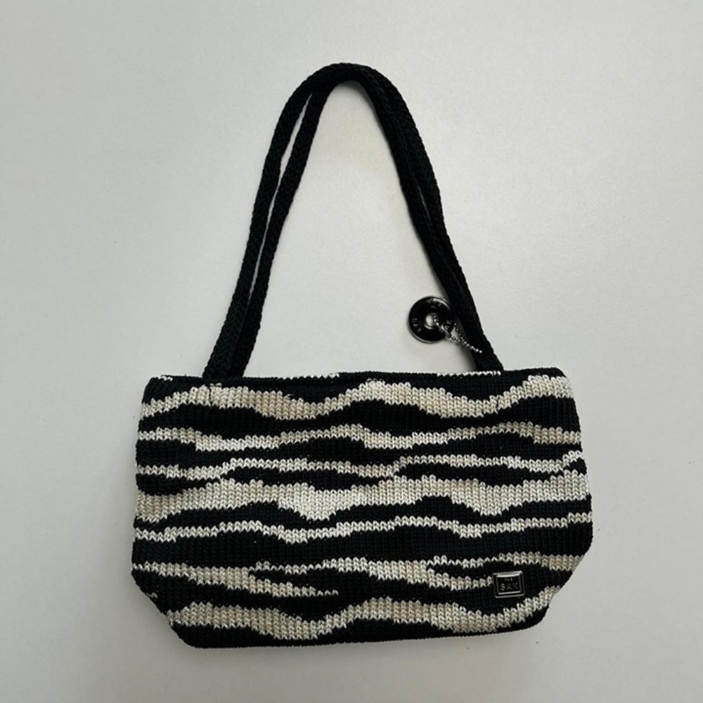 THE SAK Zebra Crochet Staud Knit Baguette Mini Canvas shoulder Bag Vintage